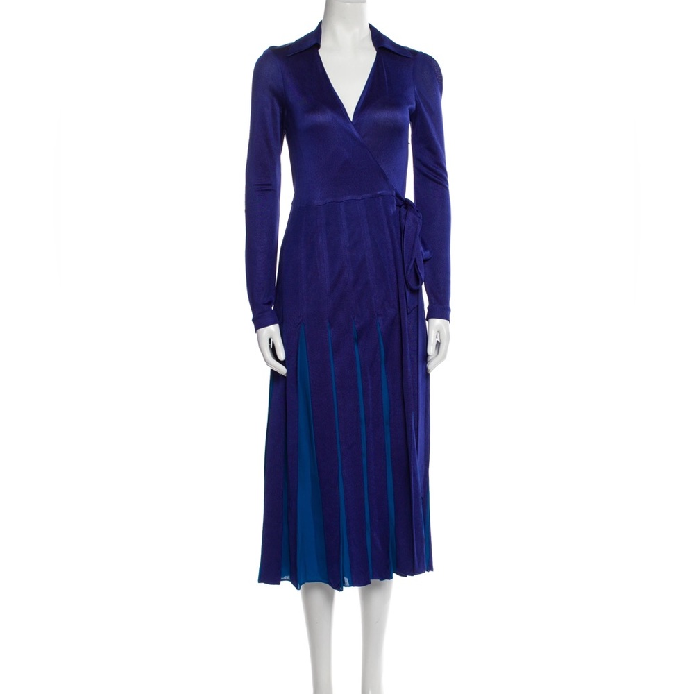 DVF Diane von Furstenberg Stevie Silk Wrap Dress Blue Midi Long Sleeve 0 Wedding - Picture 3 of 9
